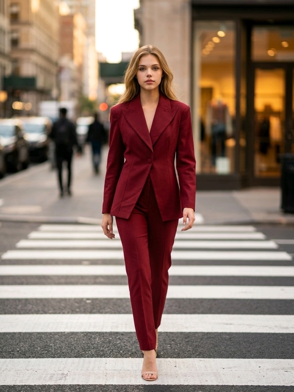 Commense Set Tailored Women's Burgundy Suit Pants & Blazer Set
